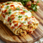 Golden-brown, bubbly burrito bake in a cast-iron skillet, topped with melted cheddar and Monterey Jack cheese, sliced open to reveal layers of seasoned ground beef, black beans, rice, and bell peppers, garnished with fresh cilantro and a dollop of sour cream, on a rustic wooden table.