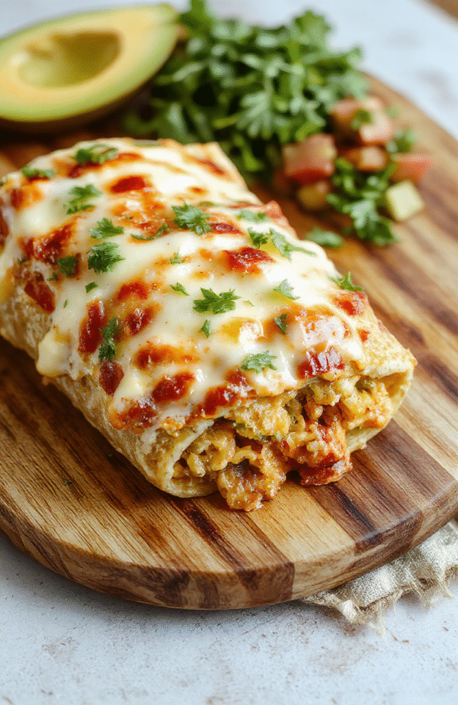Golden-brown, bubbly burrito bake in a cast-iron skillet, topped with melted cheddar and Monterey Jack cheese, sliced open to reveal layers of seasoned ground beef, black beans, rice, and bell peppers, garnished with fresh cilantro and a dollop of sour cream, on a rustic wooden table.