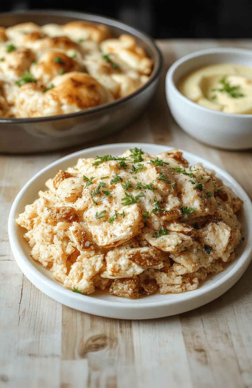 A golden-brown chicken and cauliflower rice casserole in a shallow ceramic baking dish, topped with melted cheese and fresh parsley, served in a bowl alongside roasted broccoli and cherry tomatoes on a rustic wooden table in natural daylight.