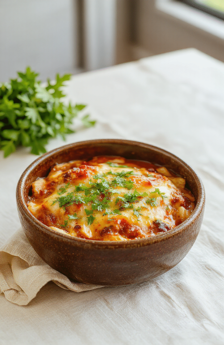 Golden-brown chicken enchilada casserole baked in a deep ceramic dish, topped with meltedcheddar cheese, fresh cilantro, and sliced avocado, served with lime wedges and sour cream garnish on the side, rustic wooden spoon nearby against a soft blurred kitchen backdrop.