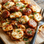 Golden-brown chicken sausage slices atop creamy orzo rice pilaf with subtle hints of garlic, parsley, and roasted cherry tomatoes, all arranged on a rustic white ceramic plate with a light drizzle of olive oil and fresh parsley garnish, captured in natural daylight with soft shadows and shallow depth of field.