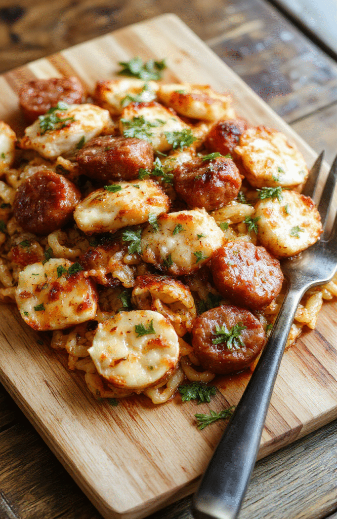 Golden-brown chicken sausage slices atop creamy orzo rice pilaf with subtle hints of garlic, parsley, and roasted cherry tomatoes, all arranged on a rustic white ceramic plate with a light drizzle of olive oil and fresh parsley garnish, captured in natural daylight with soft shadows and shallow depth of field.
