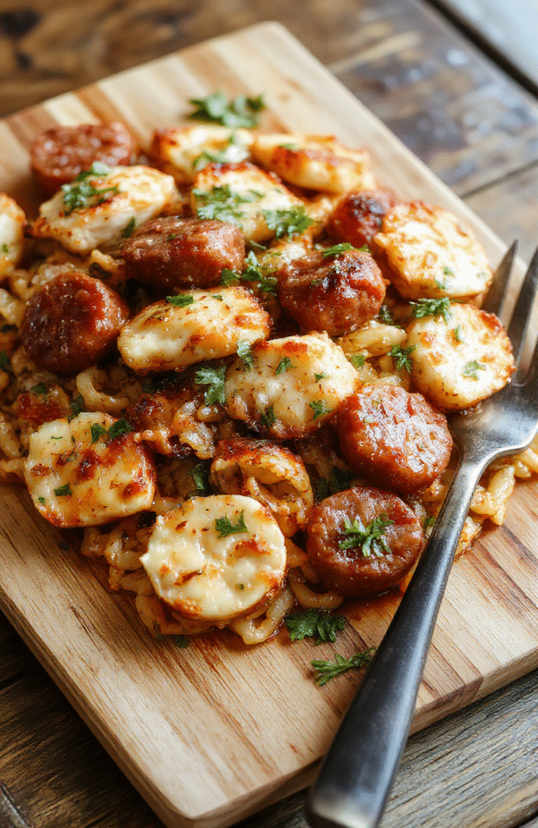 Golden-brown chicken sausage slices atop creamy orzo rice pilaf with subtle hints of garlic, parsley, and roasted cherry tomatoes, all arranged on a rustic white ceramic plate with a light drizzle of olive oil and fresh parsley garnish, captured in natural daylight with soft shadows and shallow depth of field.