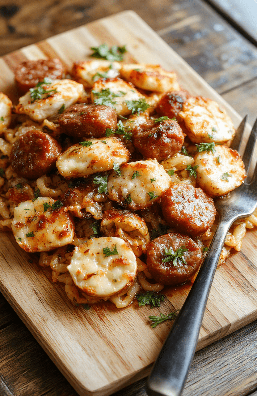 Golden-brown chicken sausage slices atop creamy orzo rice pilaf with subtle hints of garlic, parsley, and roasted cherry tomatoes, all arranged on a rustic white ceramic plate with a light drizzle of olive oil and fresh parsley garnish, captured in natural daylight with soft shadows and shallow depth of field.