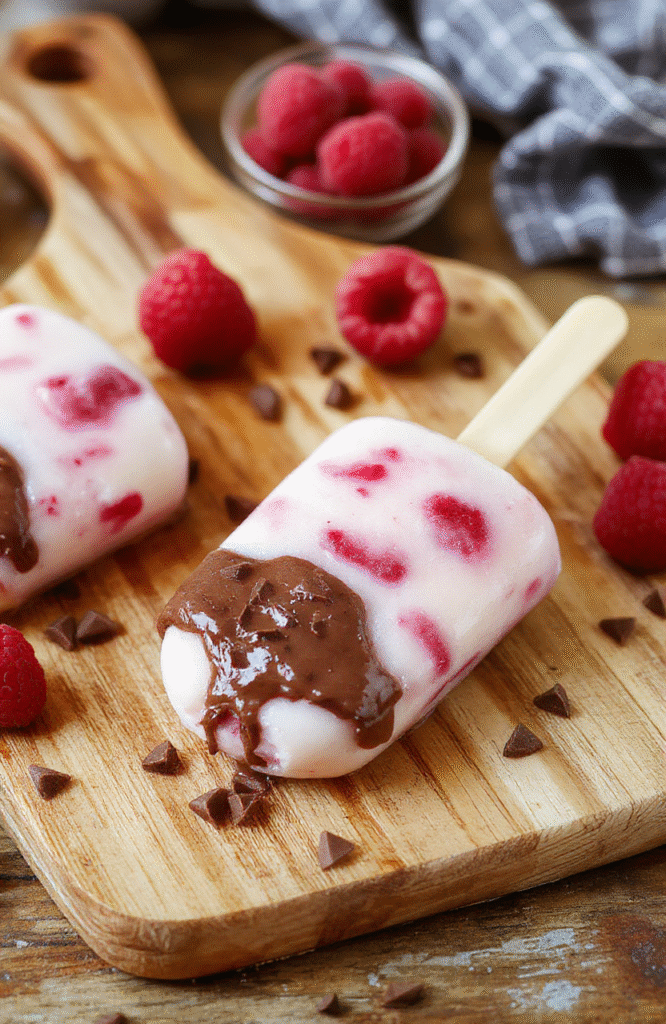 Vibrant pink-and-dark-chocolate-swirled froyo popsicles stacked in a frosty metal tray, partially melted at edges, glistening with condensation, served on a rustic wooden cutting board with fresh raspberries and shredded coconut nearby, natural daylight, shallow depth of field.