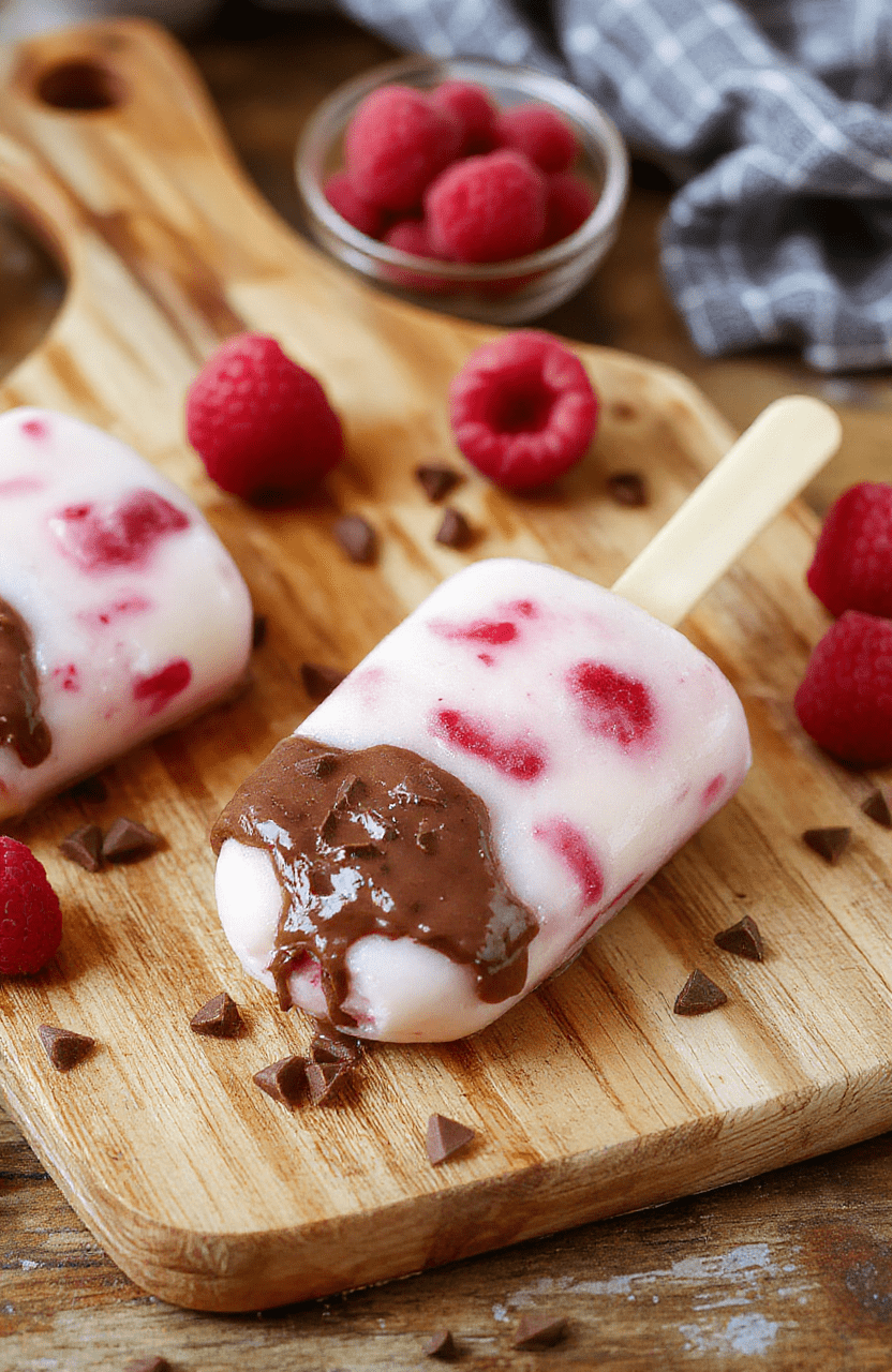Vibrant pink-and-dark-chocolate-swirled froyo popsicles stacked in a frosty metal tray, partially melted at edges, glistening with condensation, served on a rustic wooden cutting board with fresh raspberries and shredded coconut nearby, natural daylight, shallow depth of field.