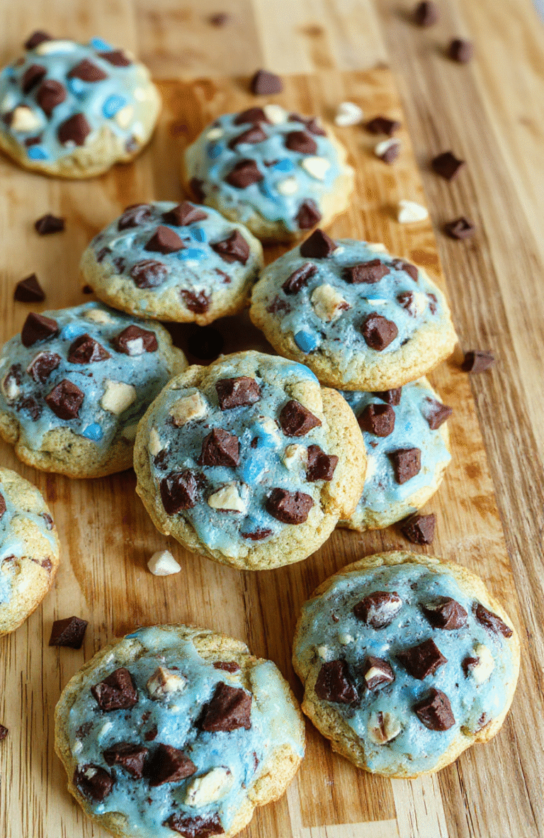 A fresh tray of colorful Cookie Monster Cookies resting on a rustic wooden cutting board, featuring vibrant blue dough with white chocolate chips, blue M&M's, and crushed coconut, soft and puffy with a slightly golden edge and chewy center, garnished with a few extra M&M's on top, natural daylight exposure