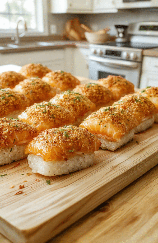 Golden-brown crispy salmon sushi bites arranged on a white ceramic plate, each bite glistening with sesame seeds and topped with a tiny dollop of spicy mayo, served alongside pickled ginger andwasabi on the side, fresh avocado slices and microgreens adding green contrast against a rustic wooden cutting board backdrop.