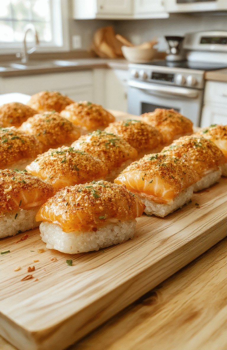 Golden-brown crispy salmon sushi bites arranged on a white ceramic plate, each bite glistening with sesame seeds and topped with a tiny dollop of spicy mayo, served alongside pickled ginger andwasabi on the side, fresh avocado slices and microgreens adding green contrast against a rustic wooden cutting board backdrop.
