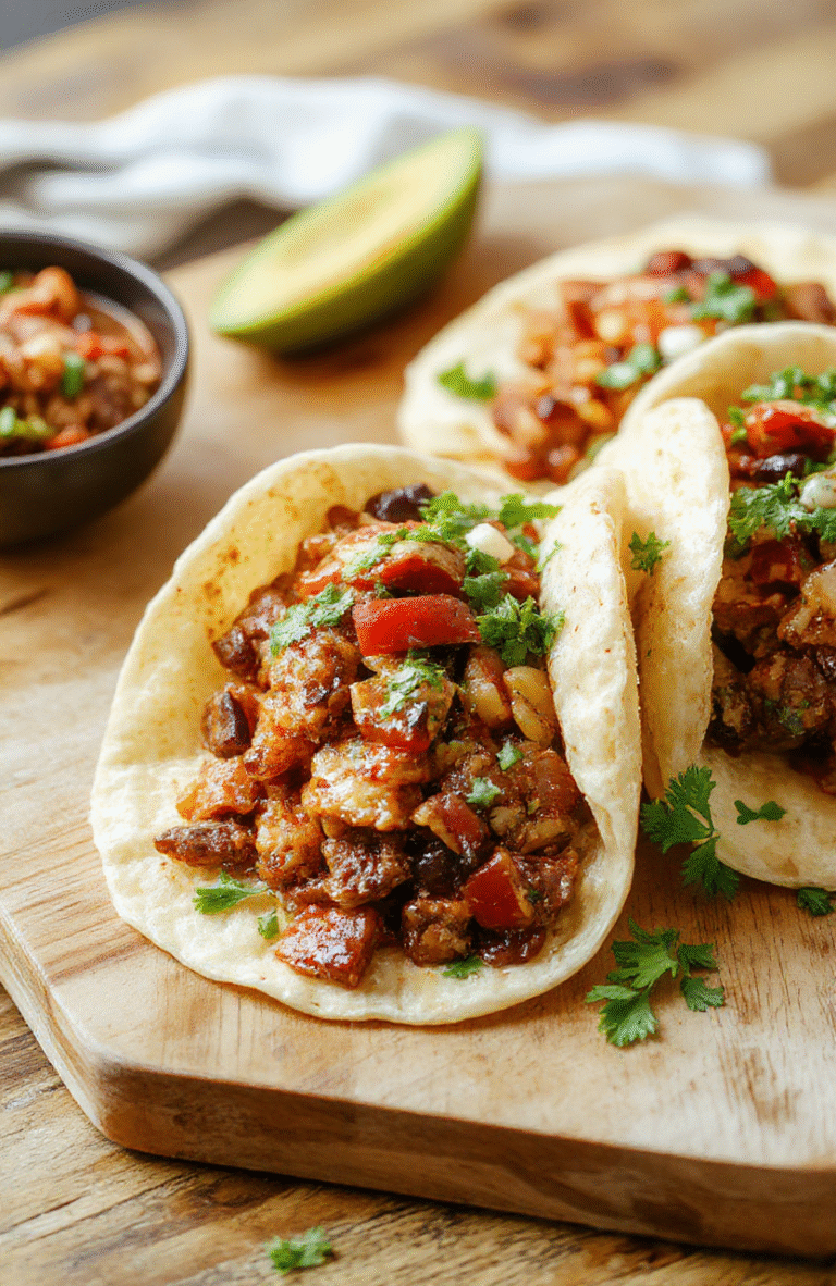 Brightly lit photo of freshly assembled street tacos: tender shredded beef or chicken on warm corn tortillas, topped with chopped white onion, fresh cilantro, lime wedges, and a splash of salsa verde, served on a rustic wooden board with a side of avocado slices
