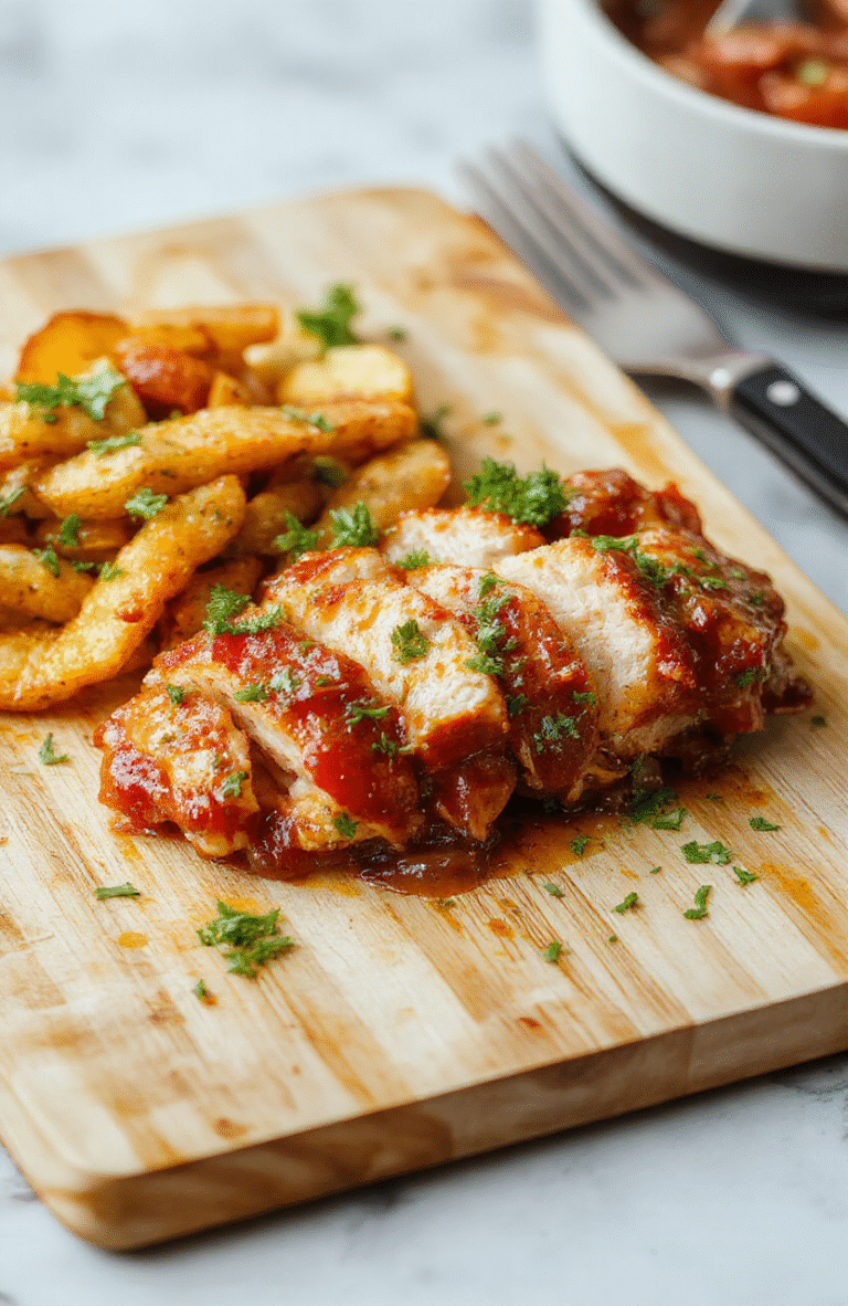 Juicy pulled BBQ chicken heaped on a rustic wooden board, glistening with dark caramelized sauce, sprinkled with fresh chopped parsley, served beside a simple side of fluffy white rice and steamed green beans on a neutral stoneware plate, natural light from a nearby window.