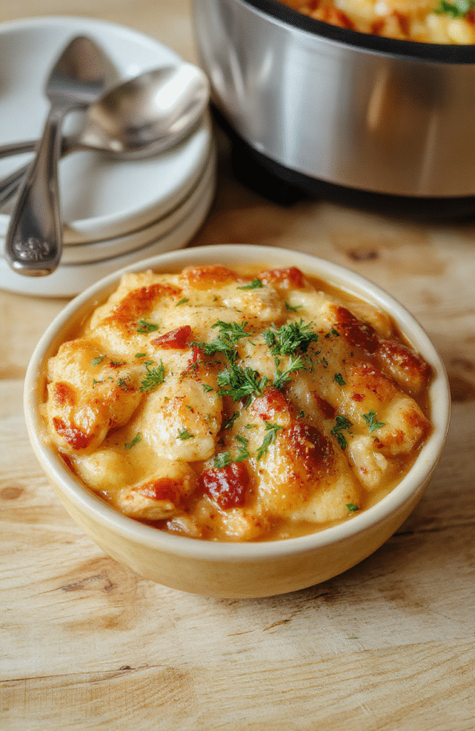 Golden-brown, flaky pie crust盖着 creamy chicken and vegetable filling with carrots, peas, and potatoes, served in a deep ceramic pie dish on a rustic wooden table with soft natural lighting and a dusting of parsley.