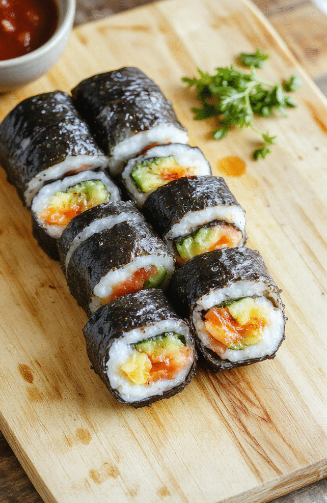 Colorful sushi rolls arranged on a rustic bamboo cutting board with pink pickled ginger, wasabi, and soy sauce in small ceramic dishes; rice, avocado, cucumber, and salmon visible inside the rolls; natural daylight, soft shadows, shallow depth of field, lower third of image left empty for text overlay.