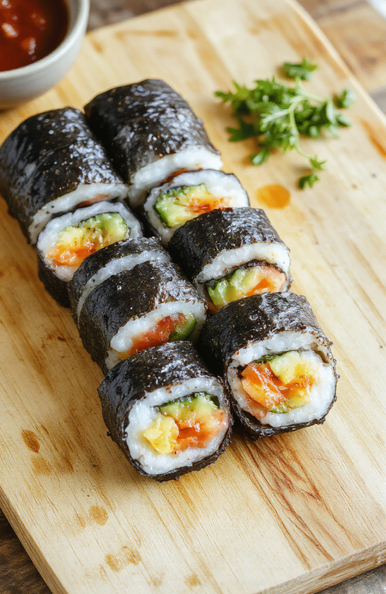 Colorful sushi rolls arranged on a rustic bamboo cutting board with pink pickled ginger, wasabi, and soy sauce in small ceramic dishes; rice, avocado, cucumber, and salmon visible inside the rolls; natural daylight, soft shadows, shallow depth of field, lower third of image left empty for text overlay.