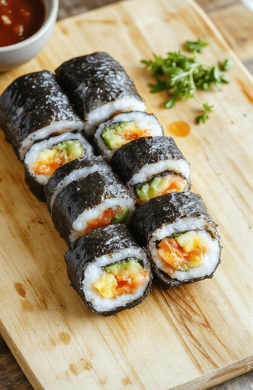 Colorful sushi rolls arranged on a rustic bamboo cutting board with pink pickled ginger, wasabi, and soy sauce in small ceramic dishes; rice, avocado, cucumber, and salmon visible inside the rolls; natural daylight, soft shadows, shallow depth of field, lower third of image left empty for text overlay.