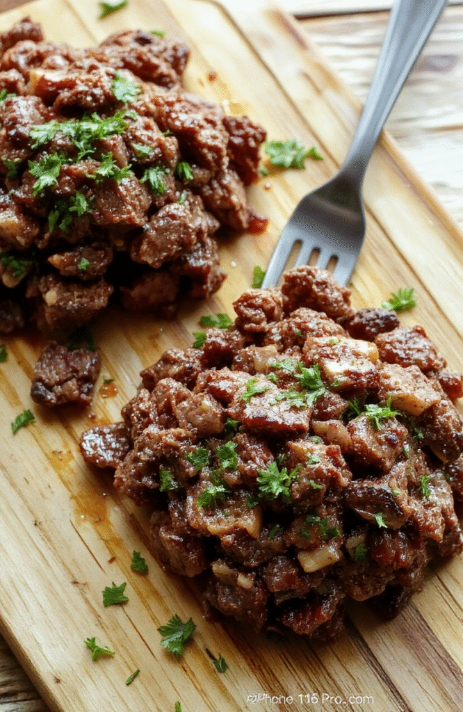 Hearty ground beef casserole with tender meat, onions, tomatoes, and melty cheese bubbling in a ceramic crock pot, garnished with fresh parsley, served in a rustic ceramic bowl alongside a crusty roll.