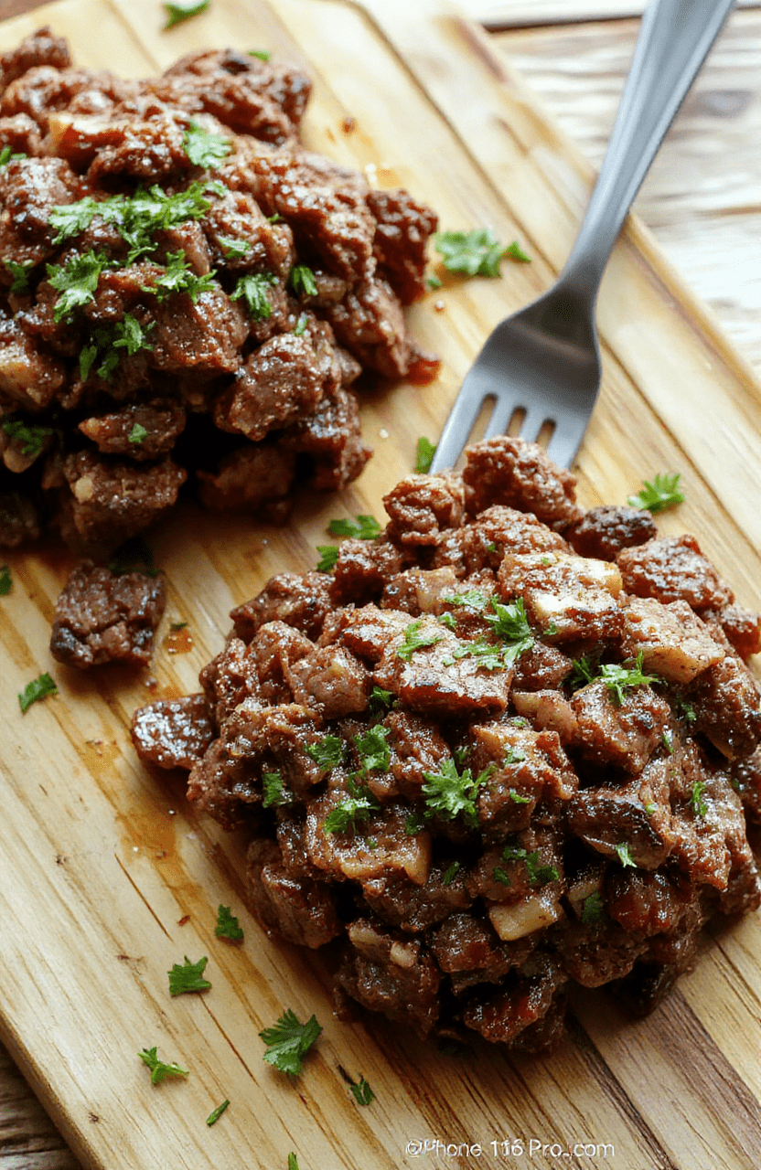 Hearty ground beef casserole with tender meat, onions, tomatoes, and melty cheese bubbling in a ceramic crock pot, garnished with fresh parsley, served in a rustic ceramic bowl alongside a crusty roll.