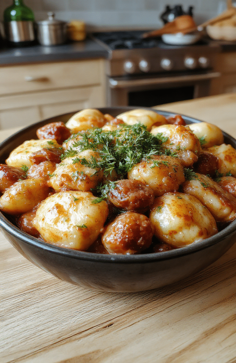 A golden-brown, oven-baked pierogi casserole in a cast iron skillet, topped with crispy kielbasa slices, caramelized onions, fresh parsley, and melted cheese bubbling at the edges. Side view shows层ed layers of pierogi, sauce, and meat.