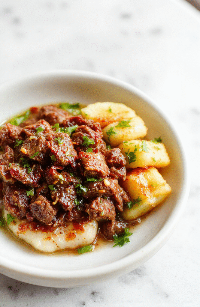 A vibrant bowl of Korean-seasoned ground beef over fluffy white rice, topped with sliced green onions, sesame seeds, and a soft-spiced gochujang drizzle, with light steaming rising from the hot dish on a simple white ceramic plate.