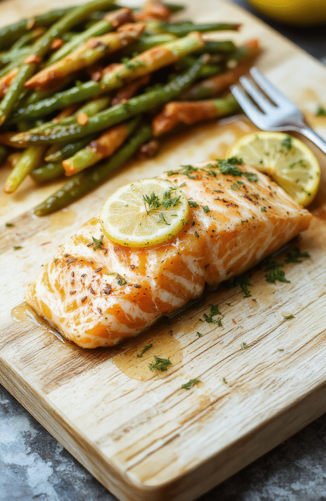 Succulent salmon fillet glazed with golden lemon butter sauce, garnished with fresh parsley and lemon slices, resting on a rustic wooden board with roasted asparagus and cherry tomatoes scattered around, natural daylight, shallow depth of field, soft shadows.