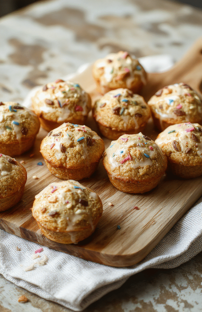 Brightlycolored mini funfetti yogurt muffins with pastel sprinkles, slightly domed and golden-crisp tops, placed in a neat paper liners inside a rustic wooden muffin tray against a soft white linen backdrop. LightNatural daylight highlights the moist texture and colorful confetti bits peeking through the crumb.