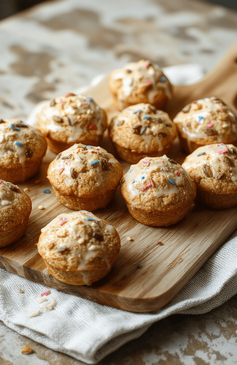 Brightlycolored mini funfetti yogurt muffins with pastel sprinkles, slightly domed and golden-crisp tops, placed in a neat paper liners inside a rustic wooden muffin tray against a soft white linen backdrop. LightNatural daylight highlights the moist texture and colorful confetti bits peeking through the crumb.