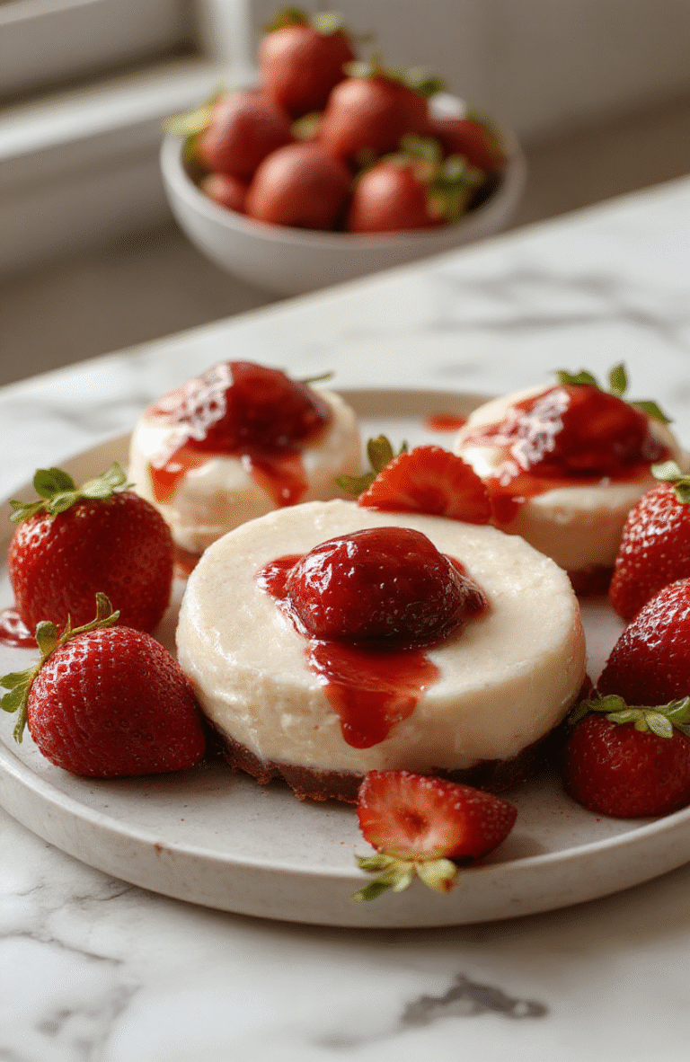 Fresh red strawberries halves filled with creamy pink no-bake cheesecake mixture, dusted with powdered sugar and garnished with mint leaves on a white ceramic plate with soft natural lighting.
