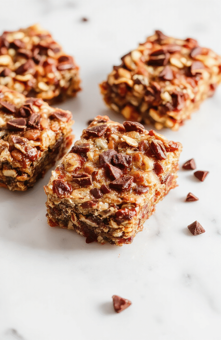 Golden-brown no-bake granola bars on a white ceramic plate, dusted with powdered sugar, visible oats, toasted almonds, and chewy date pieces, against a soft beige linen towel, natural daylight, shallow depth of field