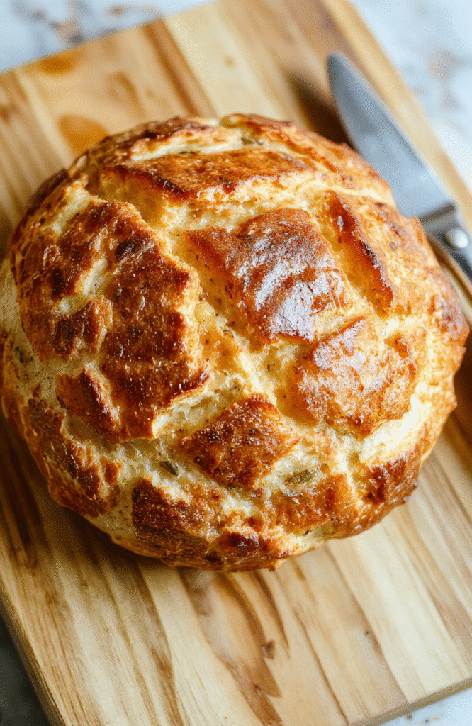 A golden-brown, rustic artisan loaf with deep cracks and a blistered crust resting on a wooden cutting board. A sharp knife slices through the thick crust, revealing a soft, airy, ivory-hued interior with evenly distributed holes. Steam rises gently from the cut surface. Natural wood texture visible behind, soft shadows, warm daylight.