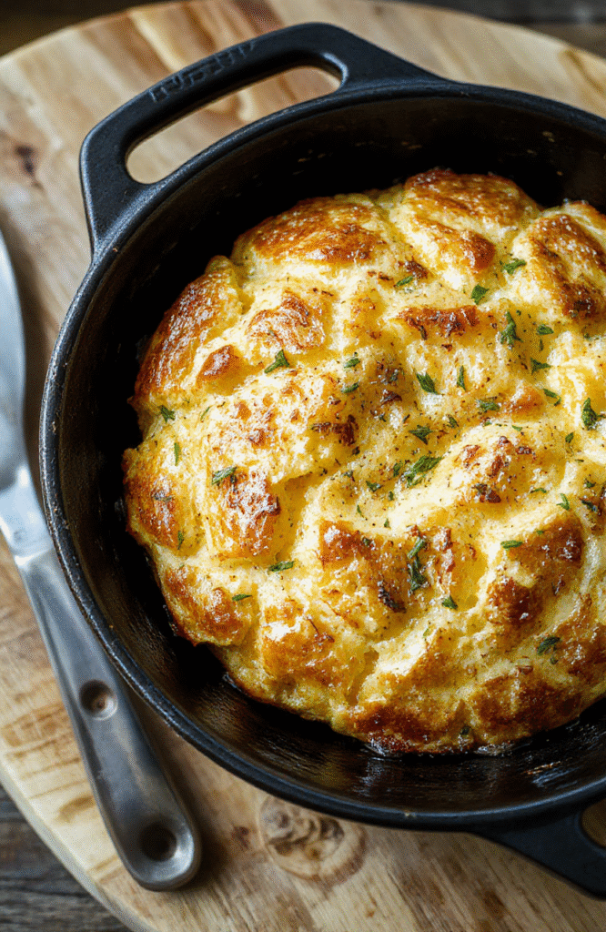 A golden-brown, crusty round loaf of cheddar bread on a wooden cutting board, crust crackled and blistered, sliced open to reveal a fluffy, cheese-swirled interior with melted cheddar strings. Background is soft-focused kitchen counter in warm natural light.