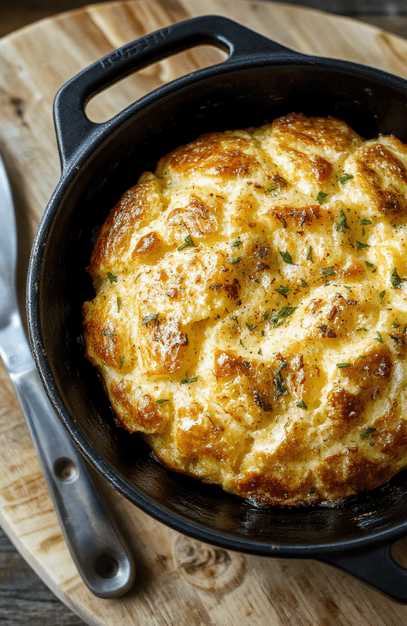 A golden-brown, crusty round loaf of cheddar bread on a wooden cutting board, crust crackled and blistered, sliced open to reveal a fluffy, cheese-swirled interior with melted cheddar strings. Background is soft-focused kitchen counter in warm natural light.
