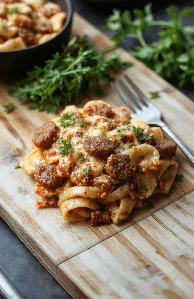 A rustic stainless steel baking sheet lined with parchment paper holding vibrant, al dente rigatoni pasta tossed with browned Italian sausage, cherry tomatoes bursting with color, sautéed garlic-kissed spinach, and a dusting of fresh parsley and grated Parmesan. Soft natural sunlight highlights the glossy tomato sauce clinging to the pasta and the slight caramelization on the sausage edges.