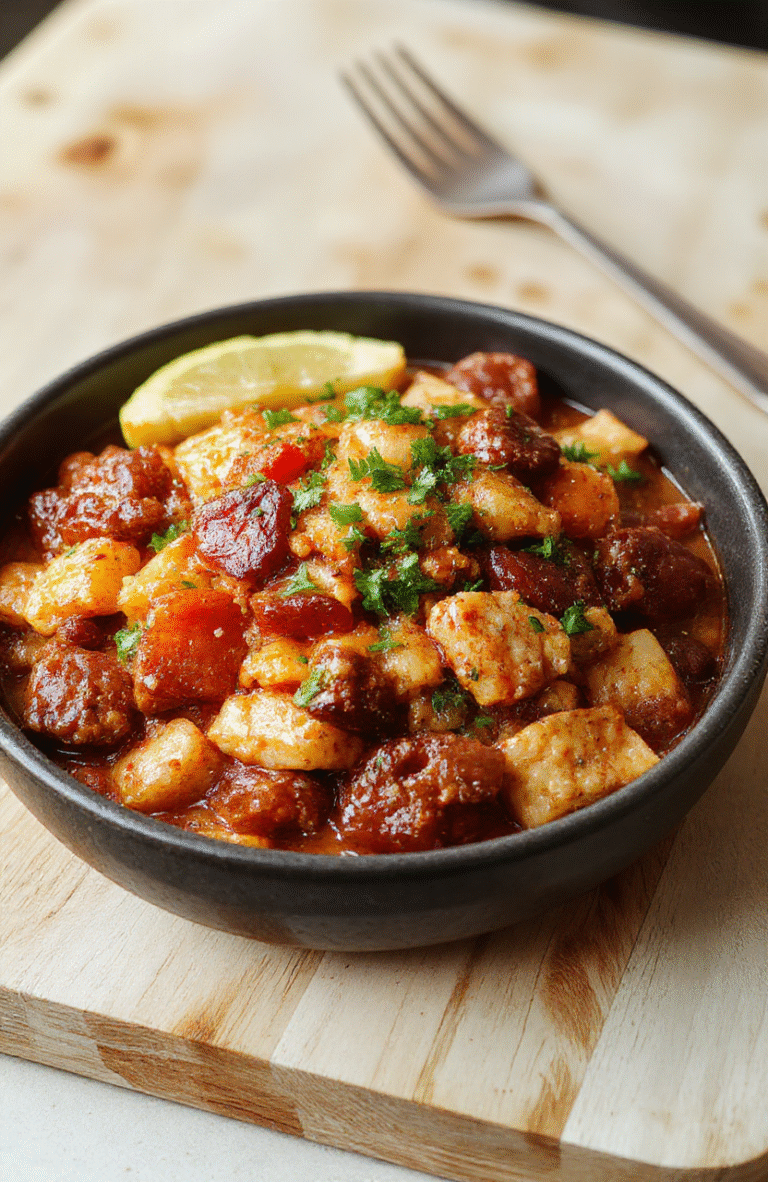 Golden-brown rice studded with pink Cajun sausage, juicy shrimp, and sautéed bell peppers and onions in a rich, reddish-brown stew-like consistency, garnished with chopped green onions in a deep ceramic bowl against a rustic wooden table.