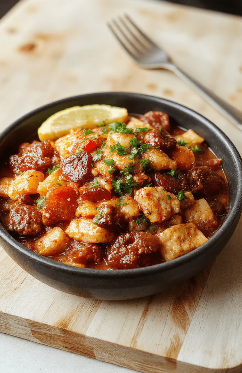 Golden-brown rice studded with pink Cajun sausage, juicy shrimp, and sautéed bell peppers and onions in a rich, reddish-brown stew-like consistency, garnished with chopped green onions in a deep ceramic bowl against a rustic wooden table.