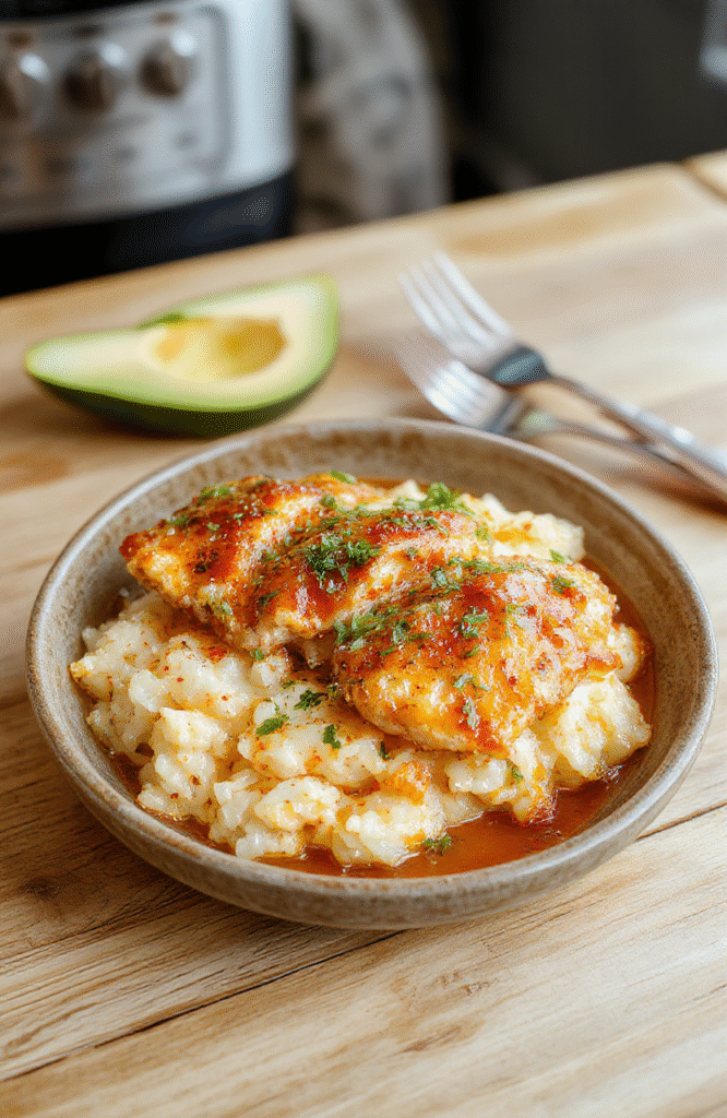 Golden-brown paprika-spiced chicken breasts resting atop fluffy white rice, garnished with fresh parsley and a sprinkle of smoked paprika, served in a rustic white ceramic bowl with soft steam rising, natural daylight, shallow depth of field, lower-third empty space for text overlay.