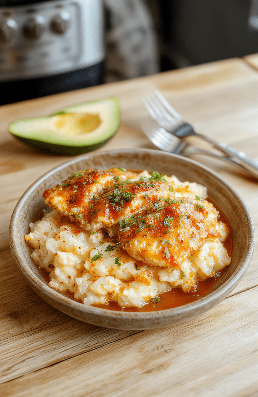 Golden-brown paprika-spiced chicken breasts resting atop fluffy white rice, garnished with fresh parsley and a sprinkle of smoked paprika, served in a rustic white ceramic bowl with soft steam rising, natural daylight, shallow depth of field, lower-third empty space for text overlay.