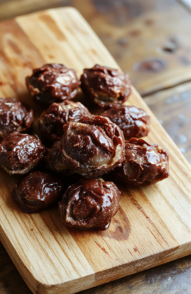 Three no-bake chocolate-stuffed dates on a ceramic plate, drizzled with dark chocolate and sprinkled with sea salt and chopped hazelnuts, contrasted against a light wooden cutting board with subtle wood grain, soft natural daylight casting soft shadows, minimalist plating style.