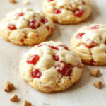 A batch of golden-brown, chewy-cookie-textured shortcake cookies topped with vibrant pink strawberry glaze, crushed graham cracker crumbs, and fresh red strawberry slices on a white ceramic plate against a light maple wood background with soft natural light casting gentle shadows.