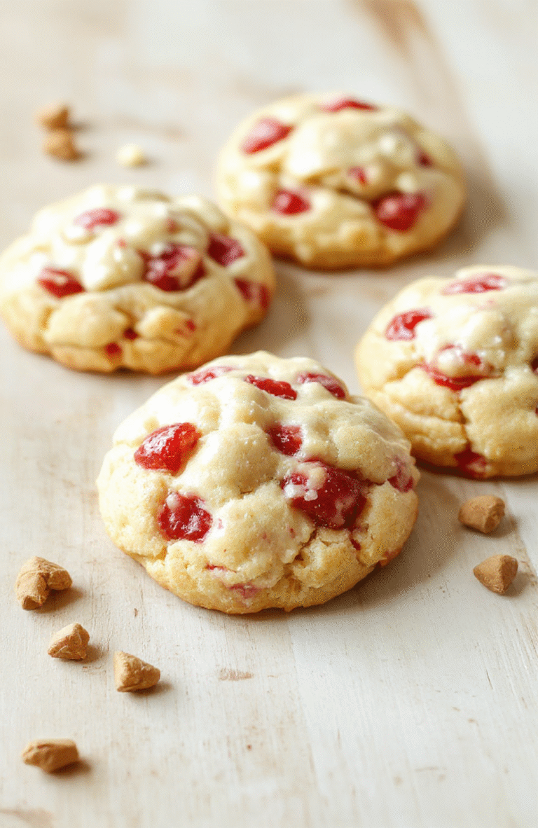 A batch of golden-brown, chewy-cookie-textured shortcake cookies topped with vibrant pink strawberry glaze, crushed graham cracker crumbs, and fresh red strawberry slices on a white ceramic plate against a light maple wood background with soft natural light casting gentle shadows.