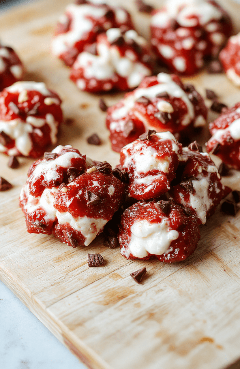 Vibrant pink and red freeze-dried strawberry yogurt clusters arranged in a rustic wooden bowl on a light marble surface, with a few loose clusters spilling over and a subtle frosty sheen on the berries.