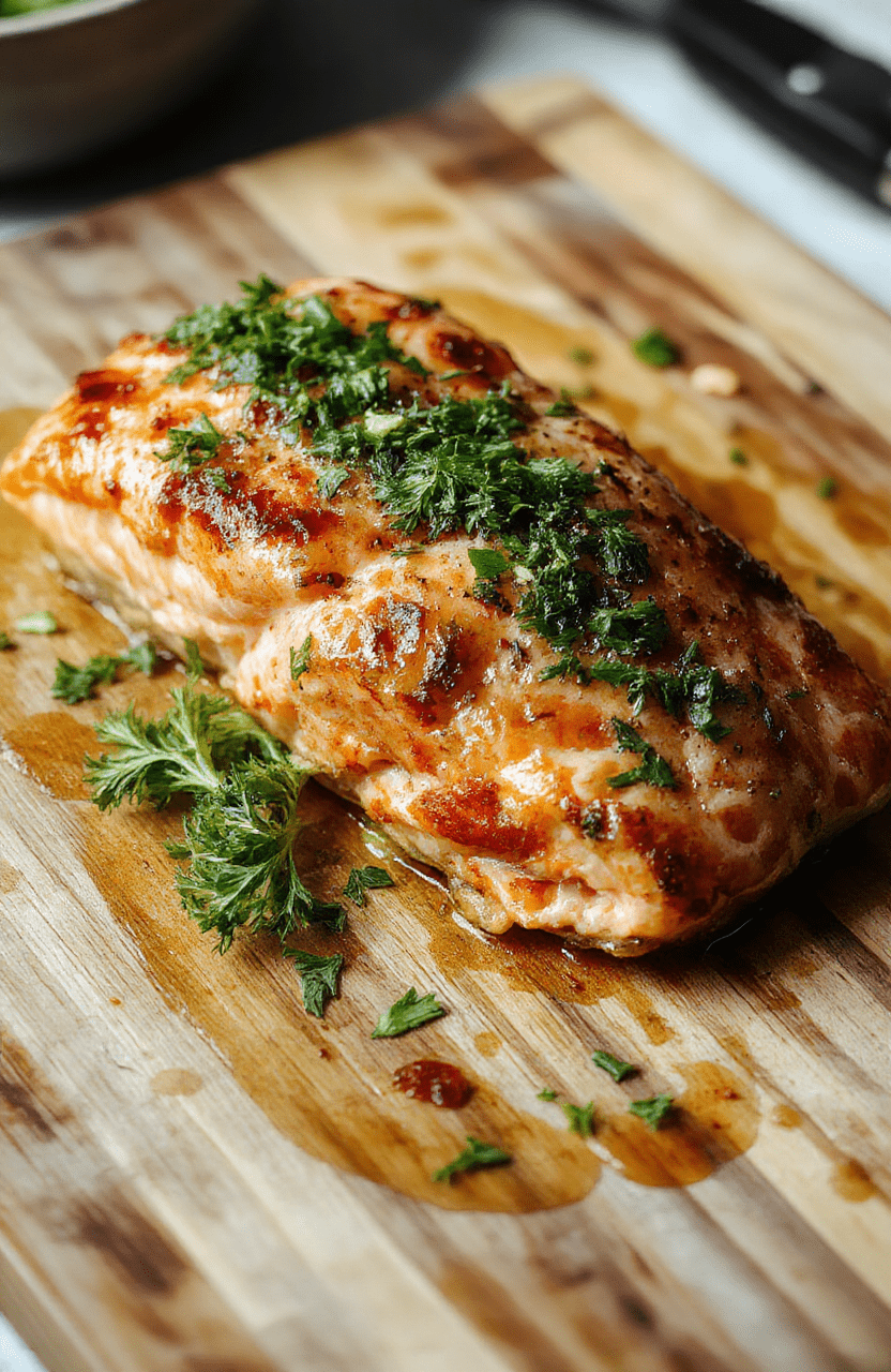 Fresh salmon fillet with herbed goat cheese and spinach stuffing, pan-seared with golden crust, garnished with lemon slices and fresh dill, served on a rustic wooden board with roasted asparagus and cherry tomatoes in natural daylight.