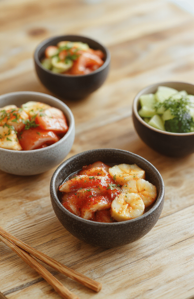 Vibrant sushi bowl in a modern white ceramic bowl: bed of seasoned sushi rice topped with pink salmon slices, crisp cucumber ribbons, bright orange masago, sesame seeds, avocado slices, and a drizzle of spicy mayo and teriyaki sauce. Garnished with pickled ginger and nori strips on the side.