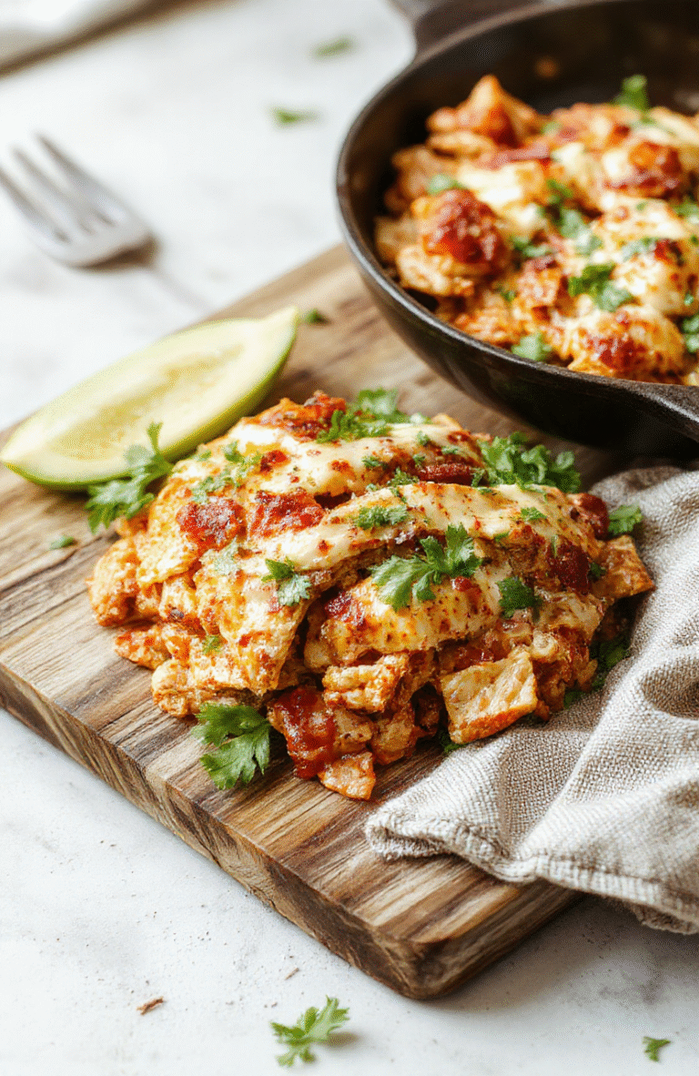 A vibrant, golden-brown turkey taco skillet served in a cast-iron skillet, topped with fresh diced red onion, sliced avocado, chopped fresh cilantro, and a sprinkle of shredded cheddar cheese. Steam rises gently from the hot dish, and the edges show nicely browned turkey crumbles mixed with bell peppers and black beans. The background is soft and neutral, emphasizing the warm, colorful meal.