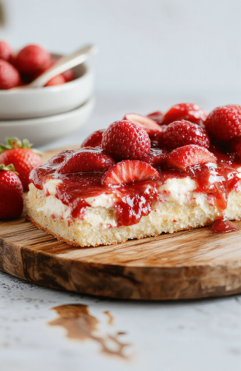 A vibrant, golden-brown strawberry shortcake sheet cake resting on a rustic wooden cutting board, topped with fresh whole strawberries, dollops of whipped cream, and a dusting of powdered sugar. The cake shows distinct layering: soft vanilla cake, juicy berries, and creamy peaks. Natural daylight highlights the red berries and snowy sugar contrast.