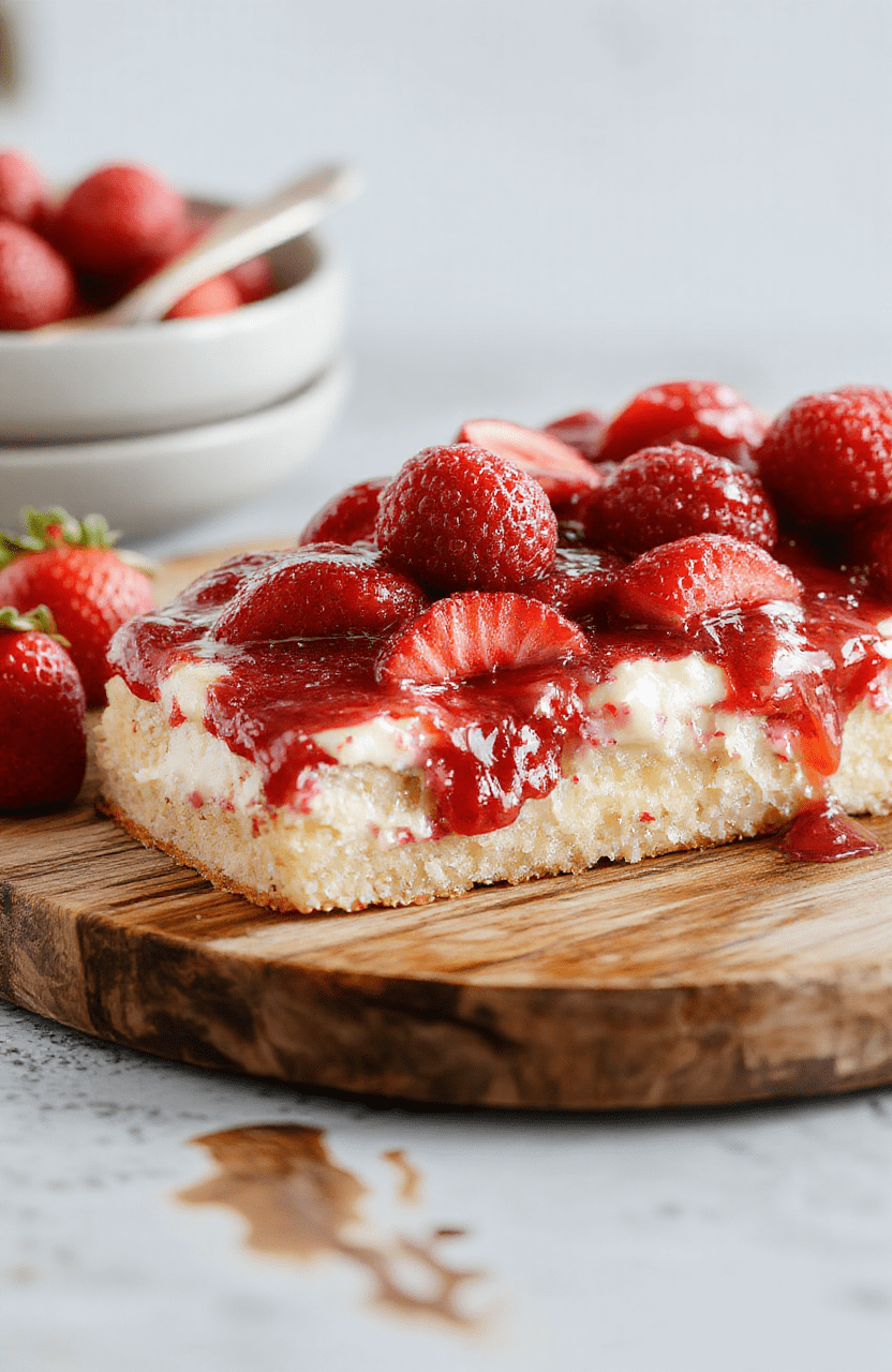 A vibrant, golden-brown strawberry shortcake sheet cake resting on a rustic wooden cutting board, topped with fresh whole strawberries, dollops of whipped cream, and a dusting of powdered sugar. The cake shows distinct layering: soft vanilla cake, juicy berries, and creamy peaks. Natural daylight highlights the red berries and snowy sugar contrast.