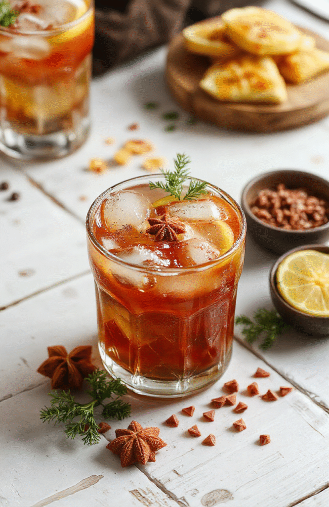 A vibrant red-spiced margarita in a festive red-rimmed glass with a cinnamon stick stirrer and a candied lime wedge on the rim, placed on a rustic wooden table with holiday pinecones, golden fairy lights, and festive red and green accents.