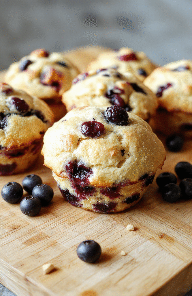 Golden-brown, domed blueberry muffins with crackly sugar tops, nestled in a paper liner, placed on a rustic Wooden table with scattered fresh blueberries and a dusting of flour nearby, soft sunlight highlighting the tender crumb texture