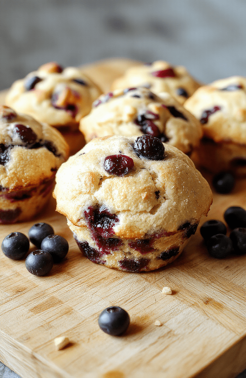 Golden-brown, domed blueberry muffins with crackly sugar tops, nestled in a paper liner, placed on a rustic Wooden table with scattered fresh blueberries and a dusting of flour nearby, soft sunlight highlighting the tender crumb texture