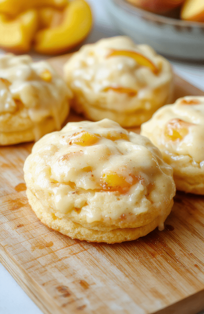 Golden-brown, fluffy biscuits nestled in a pooling pool of warm peach butter, dotted with juicy peach pieces and a light dusting of powdered sugar, served on a rustic wooden board with visible steam rising.
