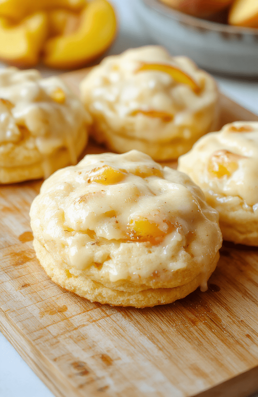 Golden-brown, fluffy biscuits nestled in a pooling pool of warm peach butter, dotted with juicy peach pieces and a light dusting of powdered sugar, served on a rustic wooden board with visible steam rising.